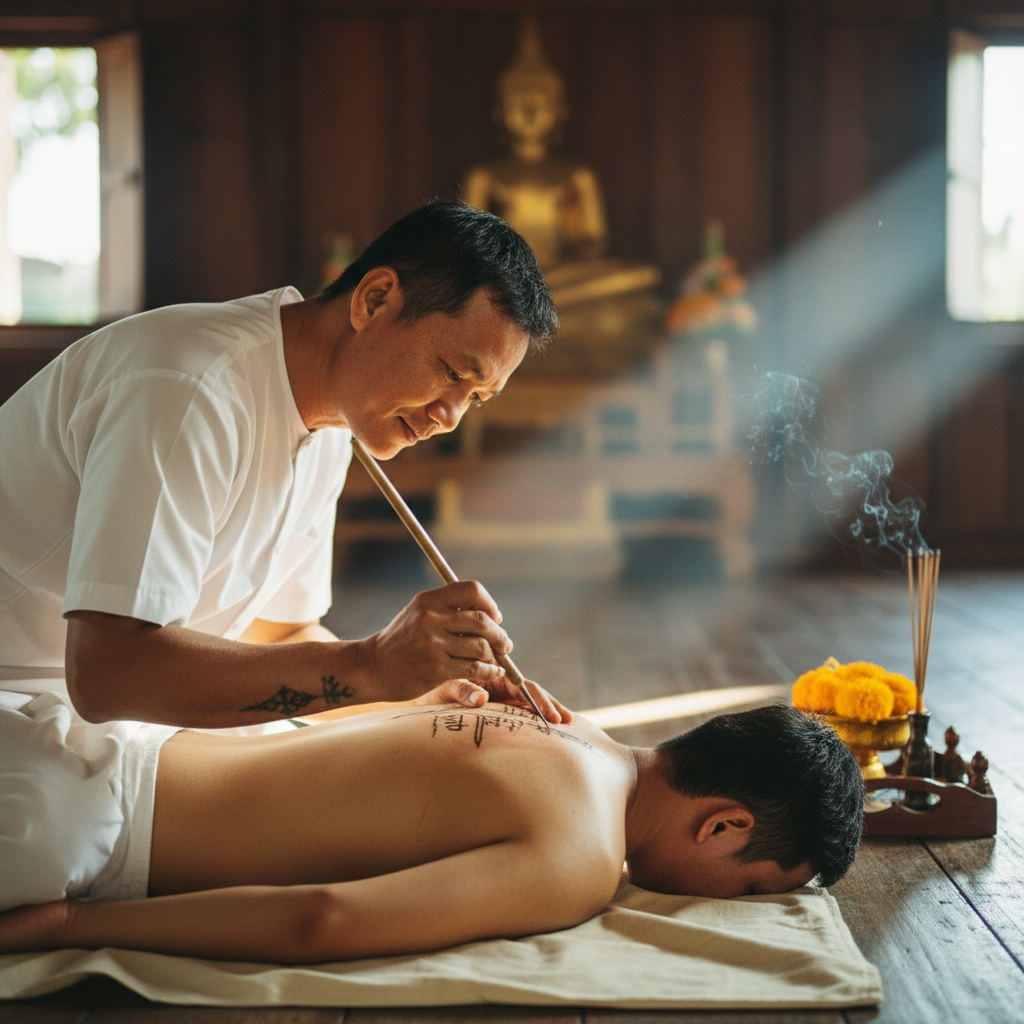 A Lanna-tradition Sak Yant master hand-poking a sacred Yant tattoo on a respectful foreign client in a Chiang Mai studio