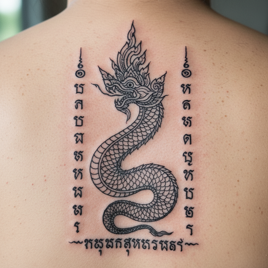 Custom Lanna (Naga) Sak Yant design — close-up