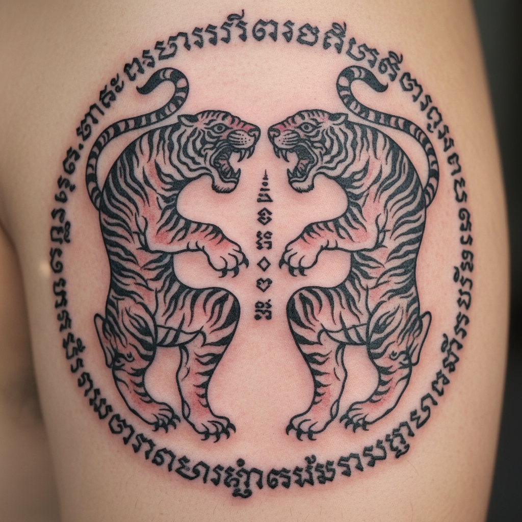 Suea (twin tigers) Sak Yant design — close-up
